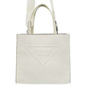 PRADA Embossed Triangle Logo Tote Bag White
